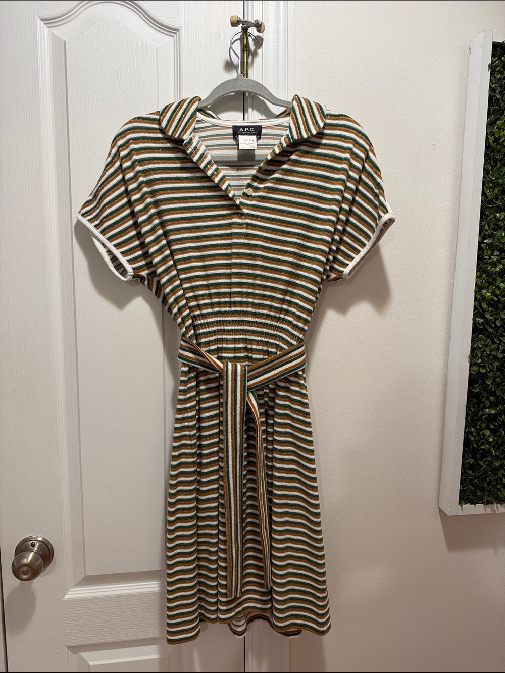 A.P.C. Striped Short-Sleeve Belted Dress in Green, White, Brown